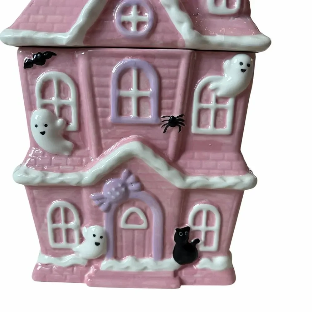 Pink Halloween HAUNTED HOUSE Cookie Jar by Booville Ceramic Spooky Boo New